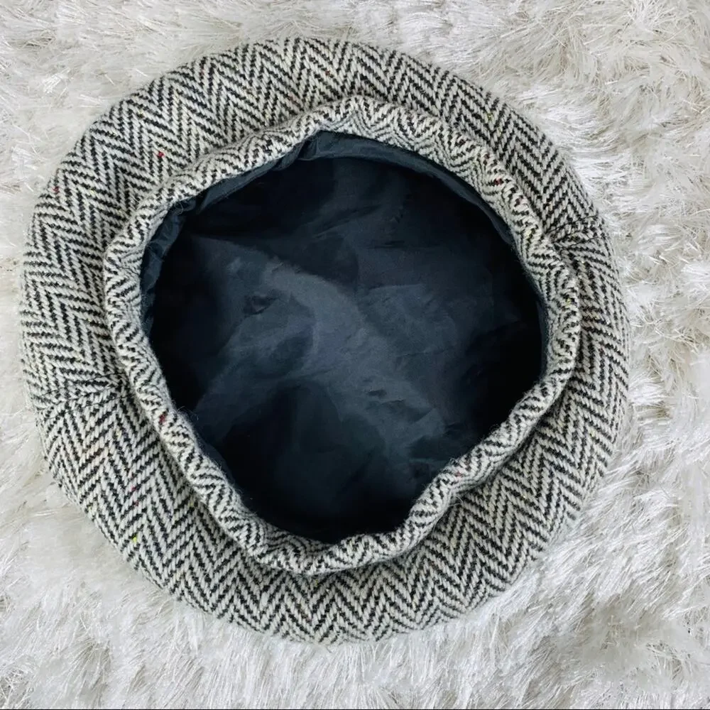 Black Herringbone Sparkly Beret Wool Blend OSFA